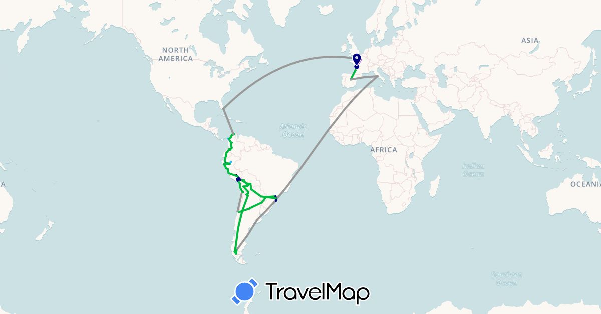 TravelMap itinerary: driving, bus, plane, train, boat in Argentina, Bolivia, Brazil, Chile, Colombia, Ecuador, Spain, France, Italy, Peru, Paraguay, United States (Europe, North America, South America)